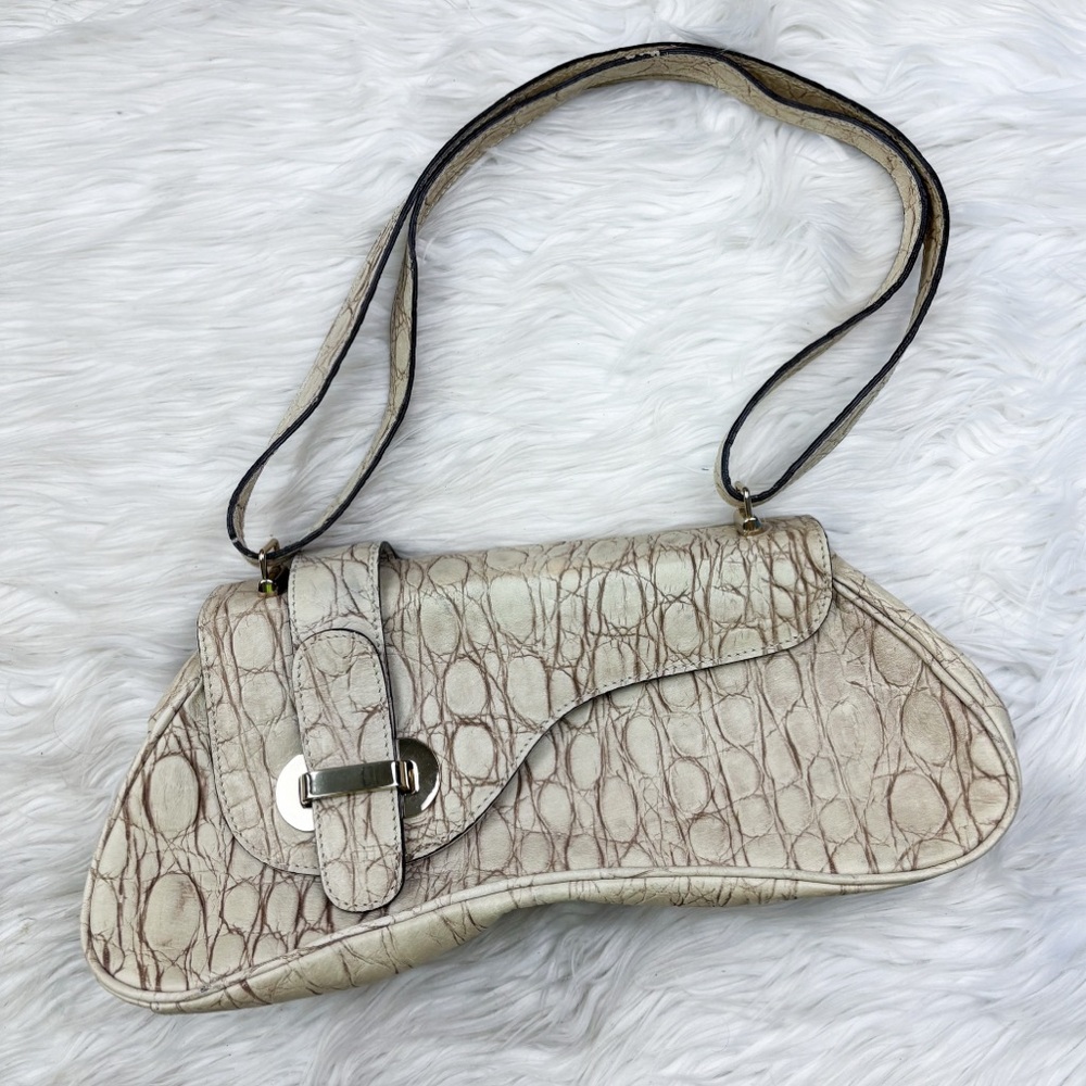 Guess Y2K Croc Embossed Leather Saddle Shoulder Bag Cream White Collection